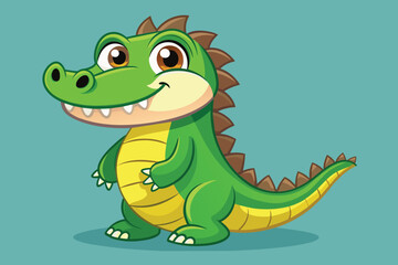 A cheerful cartoon crocodile with bright green scales and a toothy grin stands confidently, showcasing its playful character against a light blue backdrop.