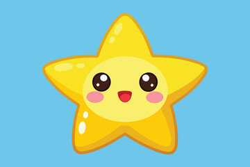 This cheerful yellow star character features big sparkling eyes and rosy cheeks, expressing happiness and playfulness on a soft blue background perfect for children.