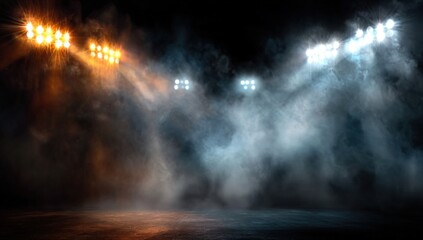 Naklejka premium Bright stadium lights shine through thick mist onto an empty sports field, creating a dramatic and intense atmosphere.