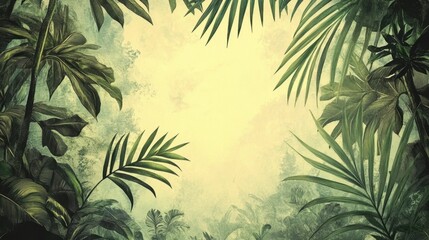 Lush green tropical jungle with dense vegetation and palm leaves in a serene natural setting.