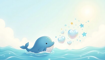 Naklejka premium Adorable blue whale creating a magical seascape filled with hearts and stars