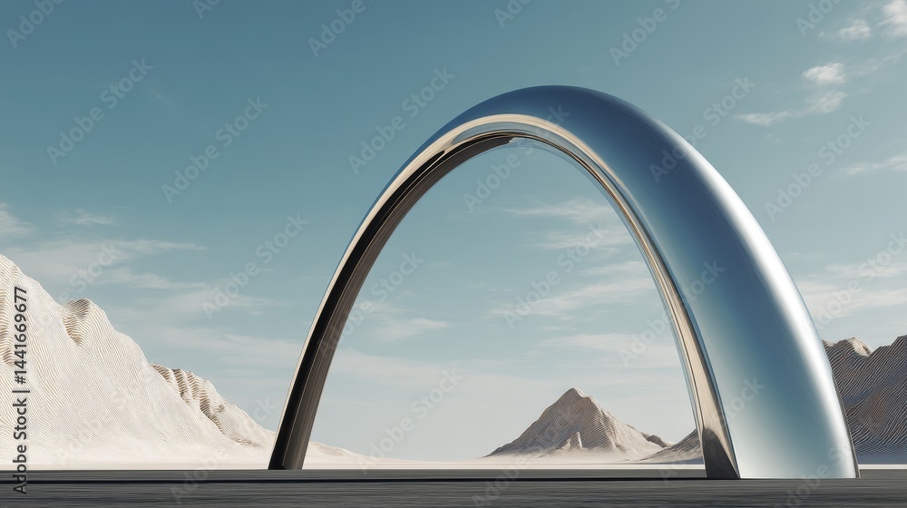 Poster abstract minimal architecture 3d illustration of geometric chrome and metallic arch design