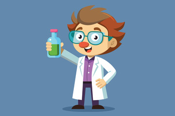 A young scientist with glasses smiles broadly while holding a flask filled with a green substance, dressed in a white lab coat against a blue background.