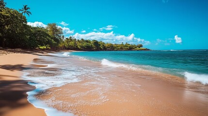 Beautiful tropical beach scene with golden sand and turquoise ocean waves under a bright sunny sky