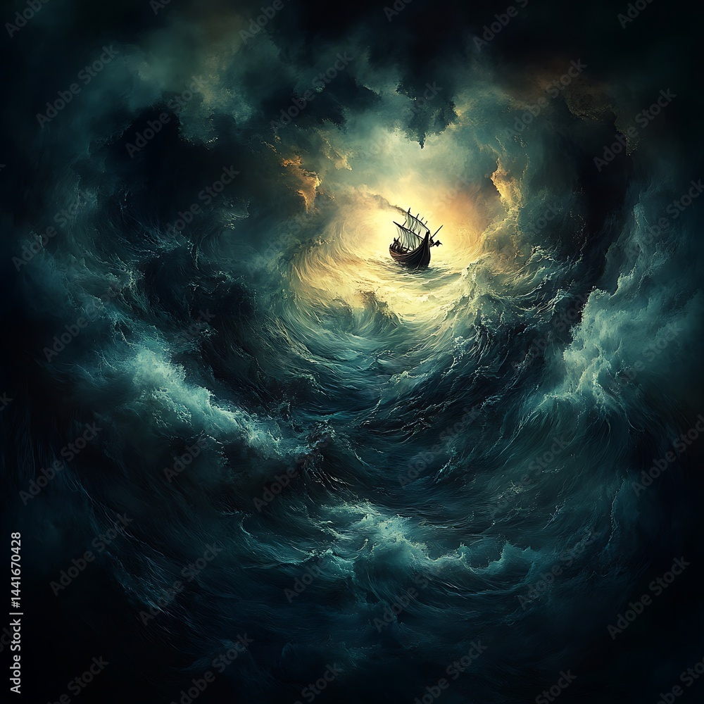 Poster dark, dramatic image of a ship sailing through a stormy sea, surrounded by ominous dark clouds and w