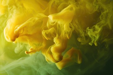 Vibrant yellow ink swirling in green water, creating fluid abstract shapes and smoky patterns.