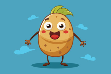 Obraz premium A playful cartoon potato stands with a big smile, arms open wide, surrounded by fluffy clouds in a vibrant blue sky, radiating joy and happiness.