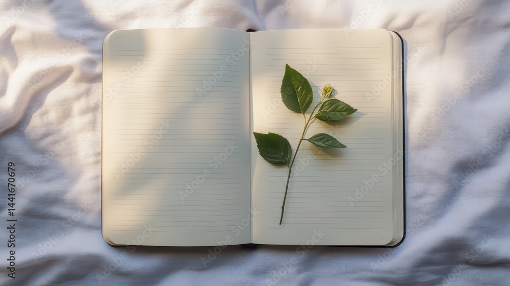 Poster open notebook with delicate greenery on a white surface.