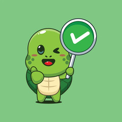 Cute turtle cartoon vector illustration with correct sign