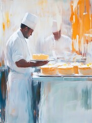 Two chefs in white uniforms prepare plated desserts in a brightly lit kitchen. Warm, impressionistic brushstrokes depict a vibrant orange background and the chefs' focused attention to detail. The