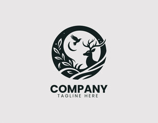 Mystic Deer Silhouette Crescent Moon Stars Bird Vector Logo Design