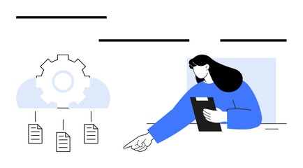 Woman with clipboard gesturing towards cloud gear with connected documents. Ideal for teamwork, project planning, data management, cloud computing, workflow system, organization, productivity. Flat
