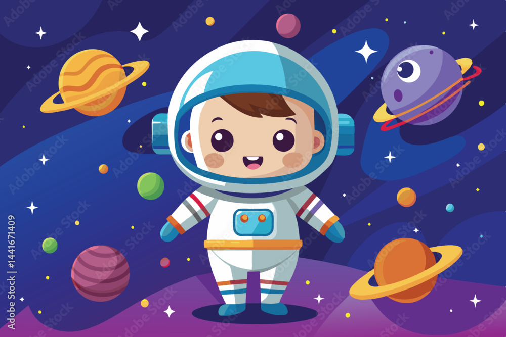 Poster a young child dressed in an astronaut suit is joyfully floating in space surrounded by various color