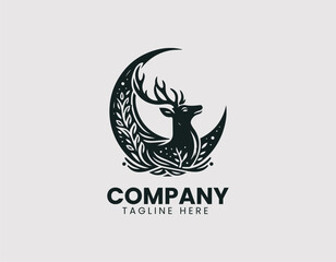 Mystic Deer Silhouette Crescent Moon Stars Bird Vector Logo Design