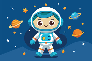 Naklejka premium A joyful astronaut character stands in the vastness of space, surrounded by colorful planets and bright stars, showcasing a fun and adventurous atmosphere.