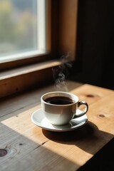 Aromatic Steam Rising From a Cup of Coffee on a Sunlit Wooden Surface Near a Window