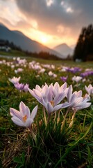 Obraz premium Crocus flowers blooming in a field at sunset, with mountains in the background. Ideal for nature, springtime, or travel promotional materials.