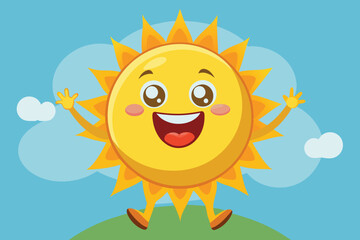 A joyful sun character stands on a green hill, beaming with happiness. Its vibrant colors and animated expression convey a sense of warmth and positivity on a clear day.