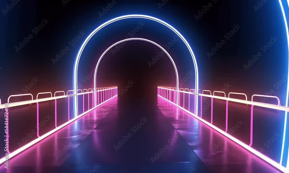 Poster a neon bridge with glowing lines leading to an illuminated portal against a black background, creati