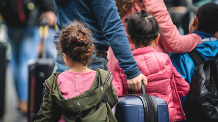 Fototapeta premium Distressed family holding luggage at airport terminal, travel anxiety and migration concept, worried parents with children waiting for flight departure.