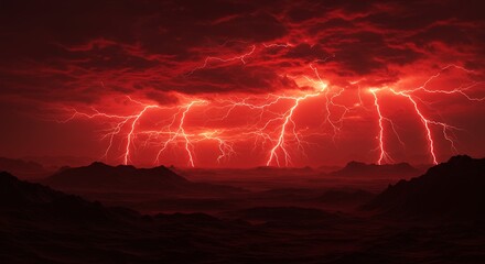 Red lightning storm at night