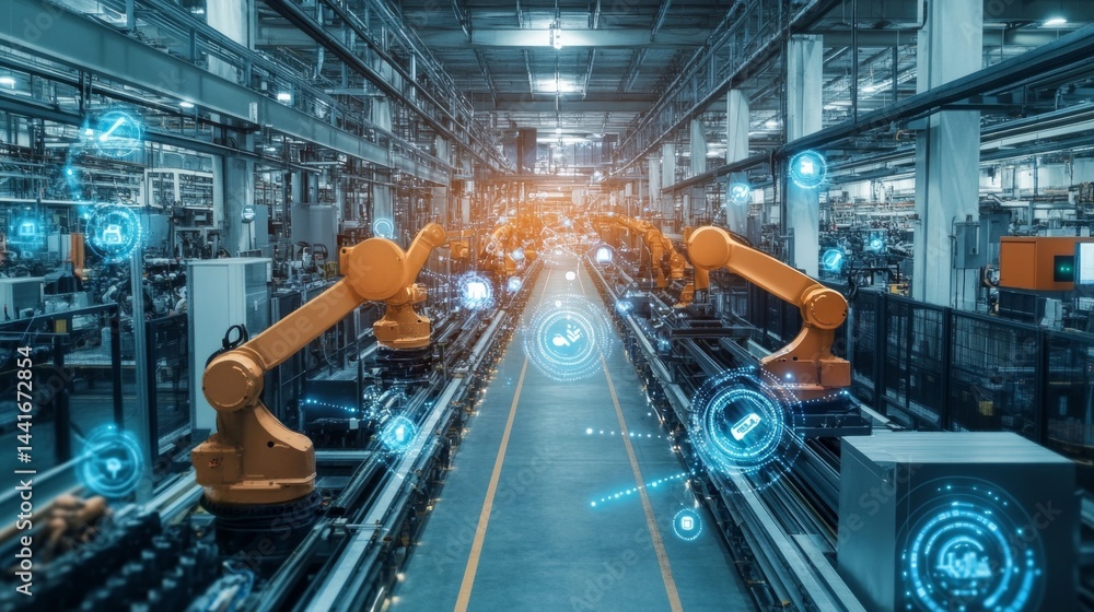 Poster industrial automation in smart factories advanced robotics production line modern technology wide an