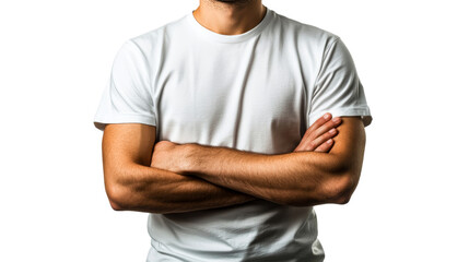 Male individual with crossed arms in plain shirt
