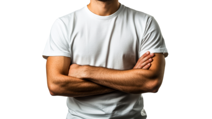 Male individual with crossed arms in plain shirt