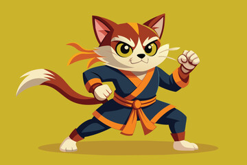 A confident cartoon cat stands in a martial arts stance, showcasing its determined expression while wearing a traditional uniform with vibrant colors against a bright yellow backdrop.