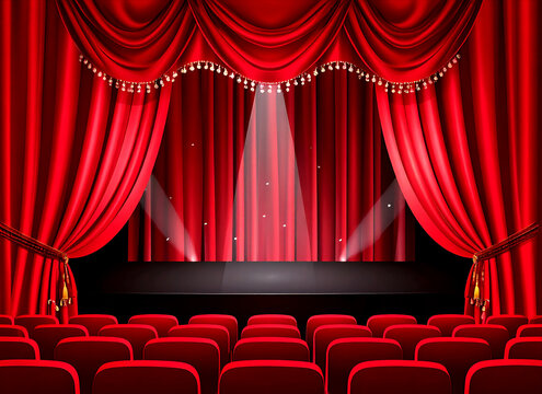 Theater stage vector template illustration with red heavy curtain and seats.	