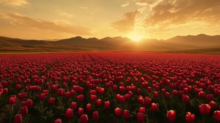 Obraz premium Vibrant tulip field at sunset nature landscape scenic beauty rural environment panoramic view floral elegance