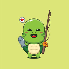Cute turtle cartoon vector illustration catching fish with fishing rod