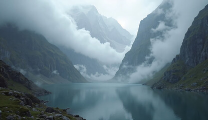 Hidden Alpine Lake Surrounded by Foggy Peaks
