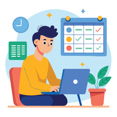 Young man with computer fills schedule calendar vector 