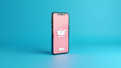 3D Rendering of Smartphone with Online Shopping App on Blue Background for Digital Commerce