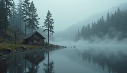  Lonely Cabin by Foggy Mountain Lake