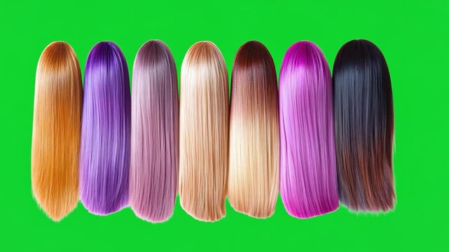 Vibrant Hair Color Samples Displayed in a Row on a Bright Green Background for Hair Styling Inspiration
