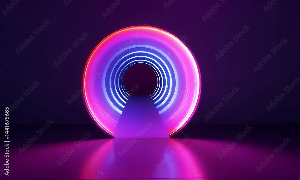 Poster an abstract, illuminated neon circle with a glowing effect on a dark background, creating a portal o