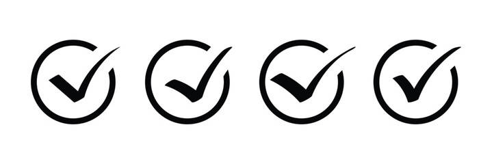 Black check mark icon set, hand drawn checkmark, approval sign, check or tick icon isolated on white background. Black check mark symbols. Vector illustration.