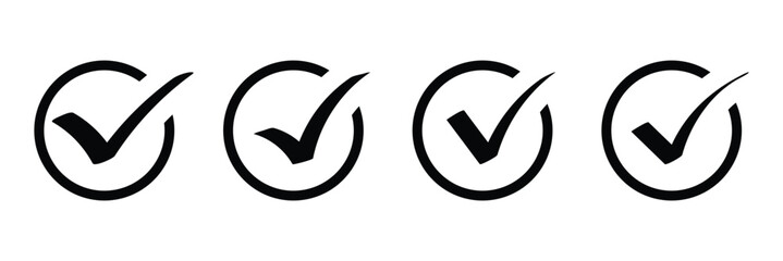 Black check mark icon set, hand drawn checkmark, approval sign, check or tick icon isolated on white background. Black check mark symbols. Vector illustration.