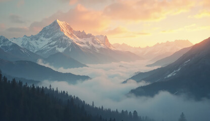 Golden Sunrise Over Misty Mountain Landscape


