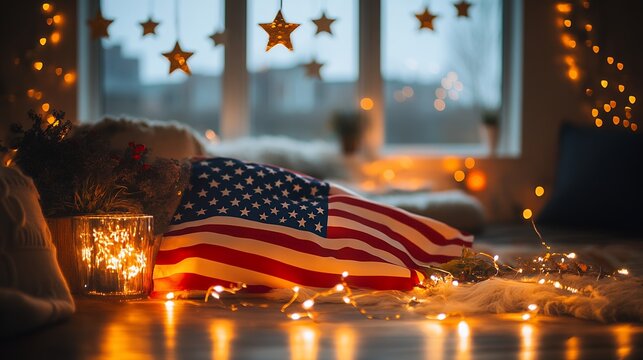 Cozy American Flag Scene with Fairy Lights and Stars