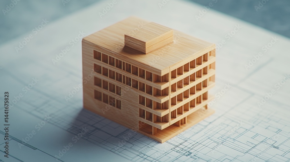 Poster architectural model showcase design studio wooden structure creative workspace close-up view concept