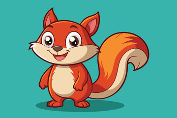 A charming cartoon squirrel with bright orange fur and a fluffy tail smiles playfully. The cheerful character is set against a vivid teal background, showcasing its friendly demeanor.