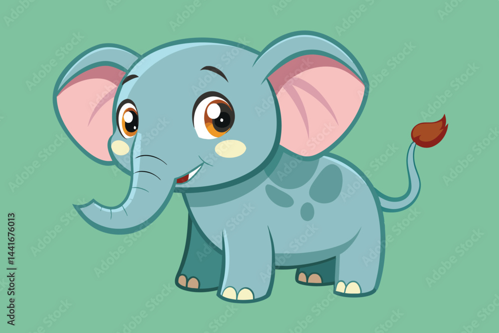 Poster a cartoon elephant stands with a joyous expression, displaying its large ears and playful demeanor, 