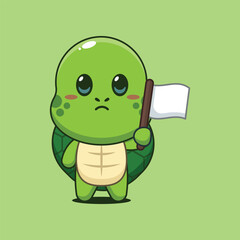 Cute turtle cartoon vector illustration with white flag