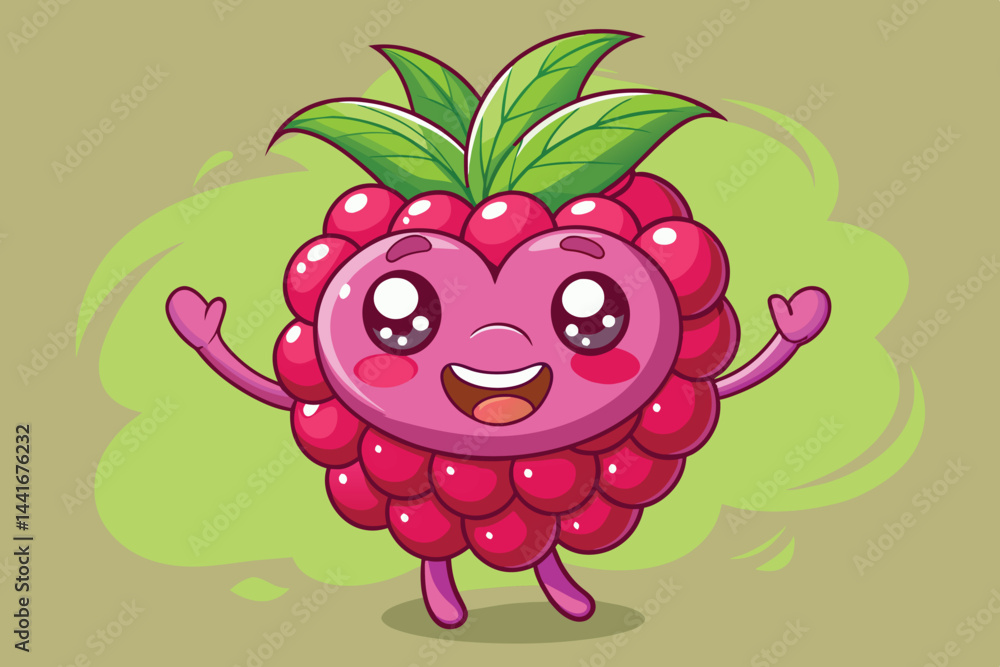 Poster a cheerful raspberry character with a big smile and arms outstretched, showcasing a playful design w