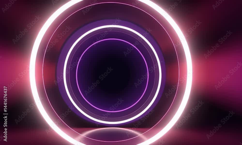 Poster an abstract, illuminated neon circle with a glowing effect on a dark background, creating a portal o