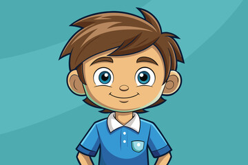 A cheerful cartoon boy sports a blue collared shirt and bright smile, radiating a playful vibe against a vibrant teal background. Ideal for children's illustrations.