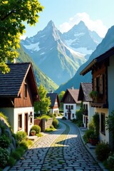 Charming Village Street Winding Through Picturesque Mountain Valley with Traditional Houses and Cobblestone Road